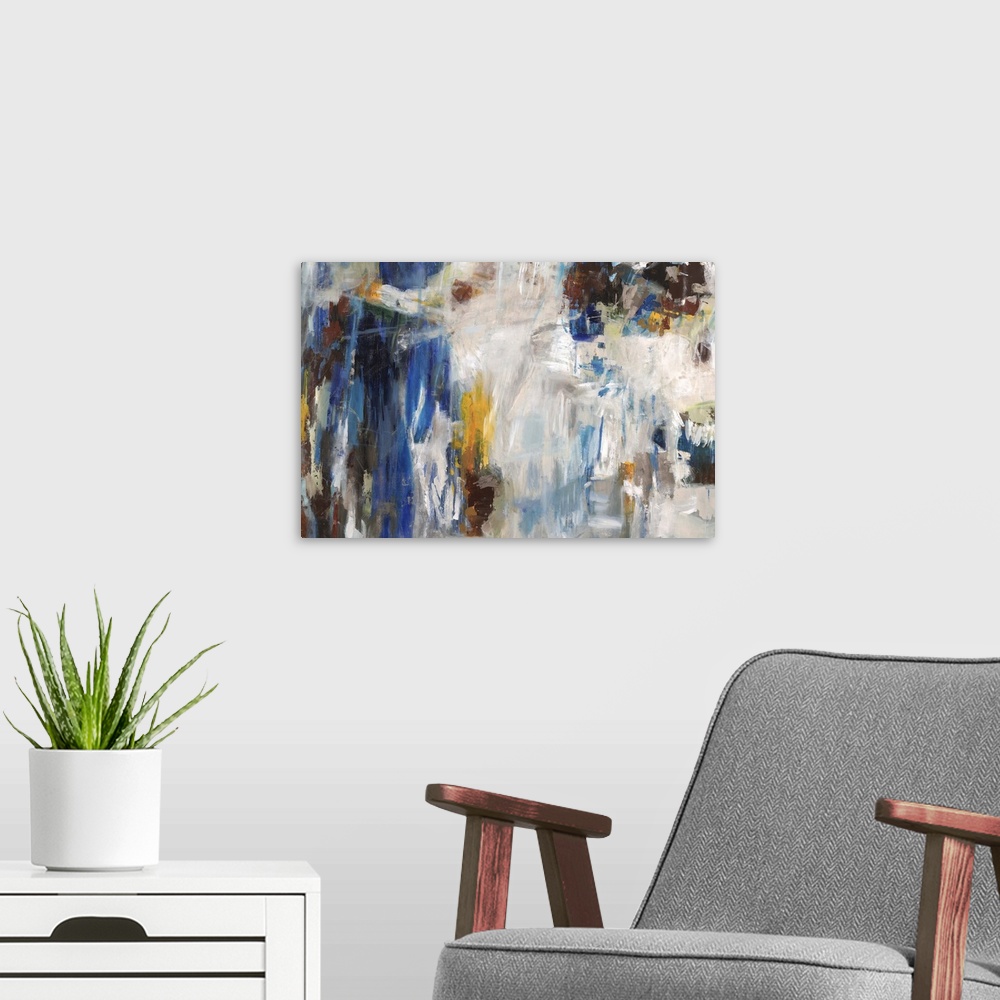 A modern room featuring Abstract contemporary artwork in white and blue, with golden pops of color.