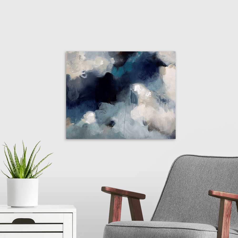 A modern room featuring Abstract painting of what almost looks like fluffy white clouds in an aggressive dark sky.