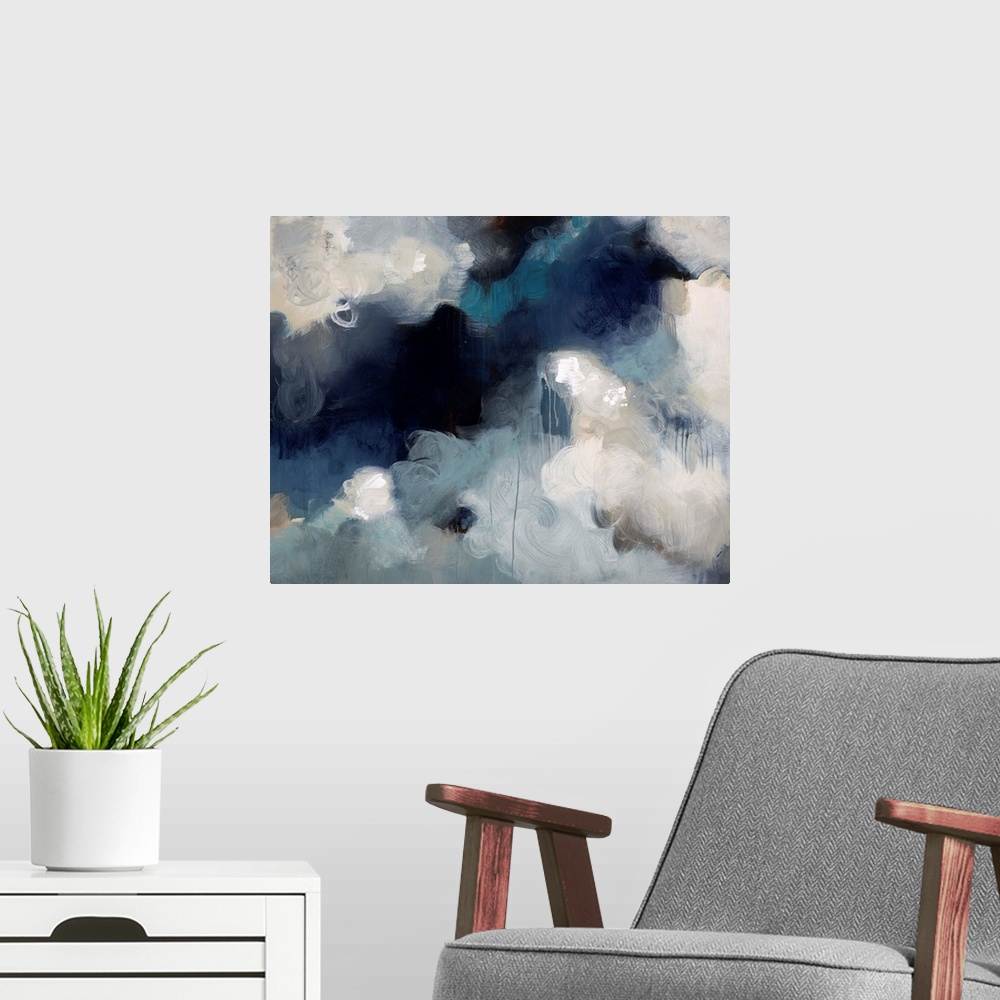 A modern room featuring Abstract painting of what almost looks like fluffy white clouds in an aggressive dark sky.