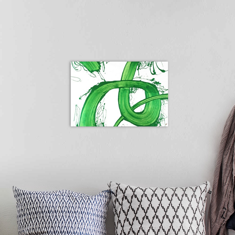 A bohemian room featuring Large abstract painting with bright looping green brushstrokes on a white background with some pa...
