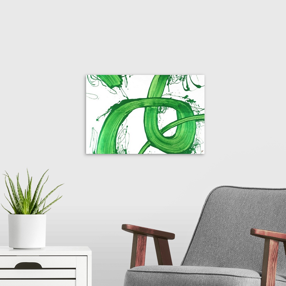 A modern room featuring Large abstract painting with bright looping green brushstrokes on a white background with some pa...
