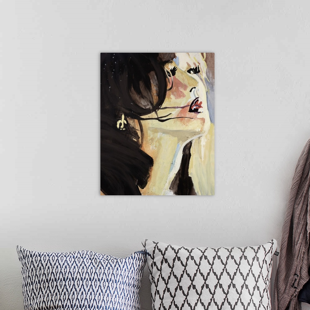 A bohemian room featuring This contemporary artwork is a portrait of a woman drawn with dark hair and heavy make up on her ...
