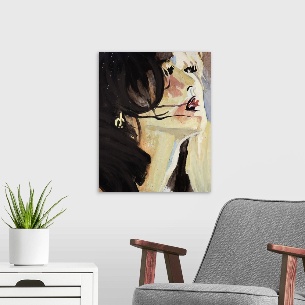A modern room featuring This contemporary artwork is a portrait of a woman drawn with dark hair and heavy make up on her ...
