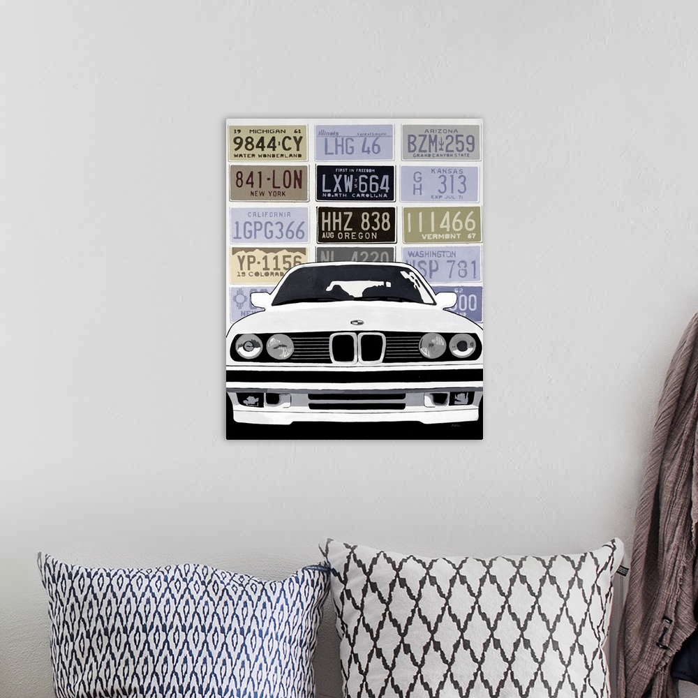 A bohemian room featuring Muted contemporary artwork of a luxury car on a background made of license plates from different ...