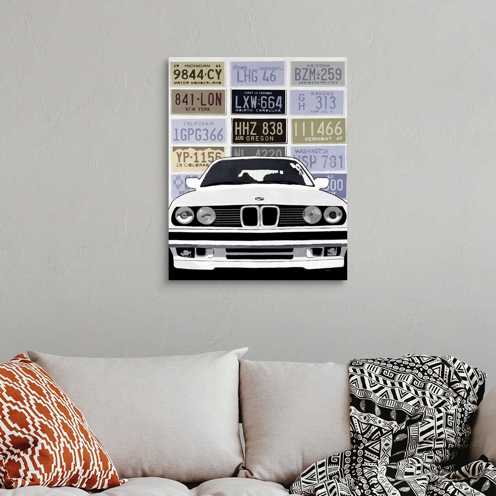 A bohemian room featuring Muted contemporary artwork of a luxury car on a background made of license plates from different ...