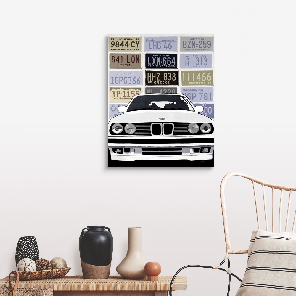 A farmhouse room featuring Muted contemporary artwork of a luxury car on a background made of license plates from different ...