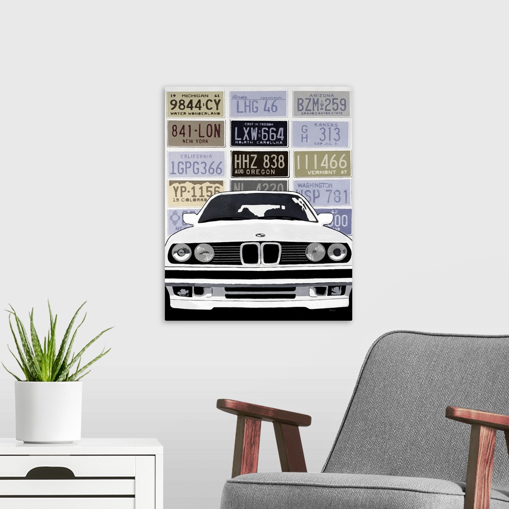 A modern room featuring Muted contemporary artwork of a luxury car on a background made of license plates from different ...