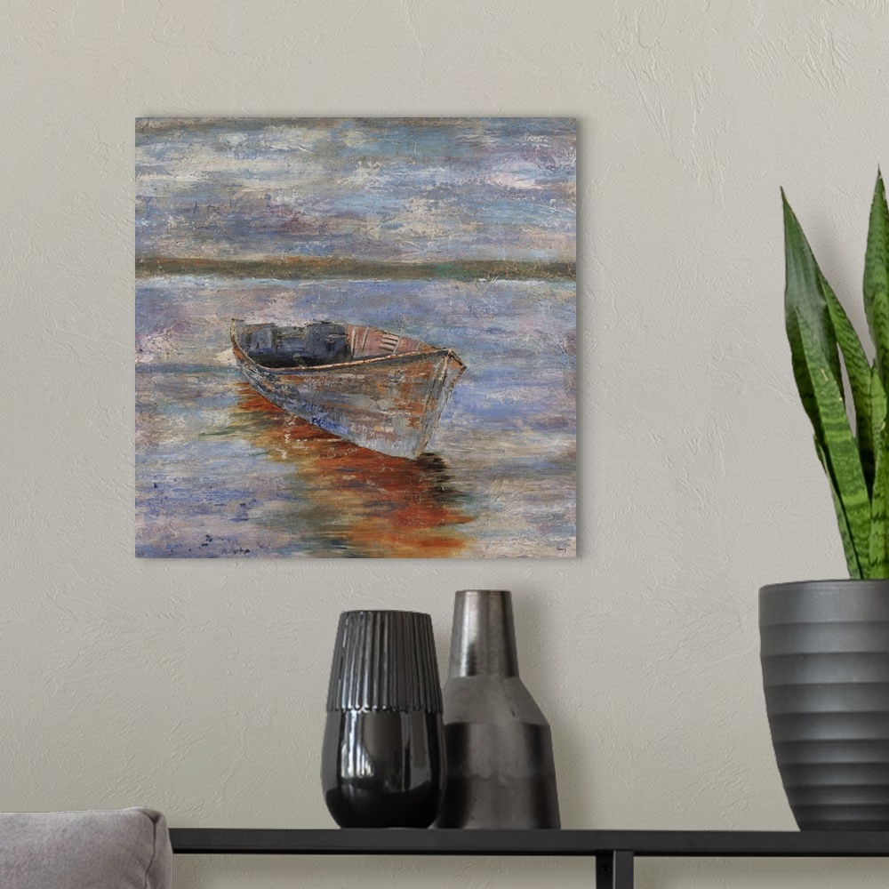 A modern room featuring Painting of an empty row boat sitting in calm waters at sunset, a distant mountain range can be s...
