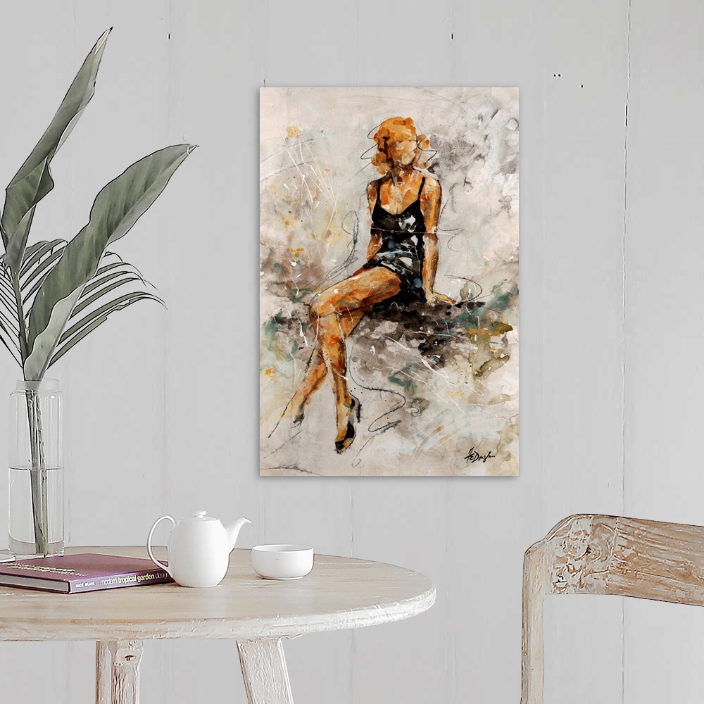 A farmhouse room featuring Contemporary painting of a glamorous woman in a little black dress and heels, ready for a night out.