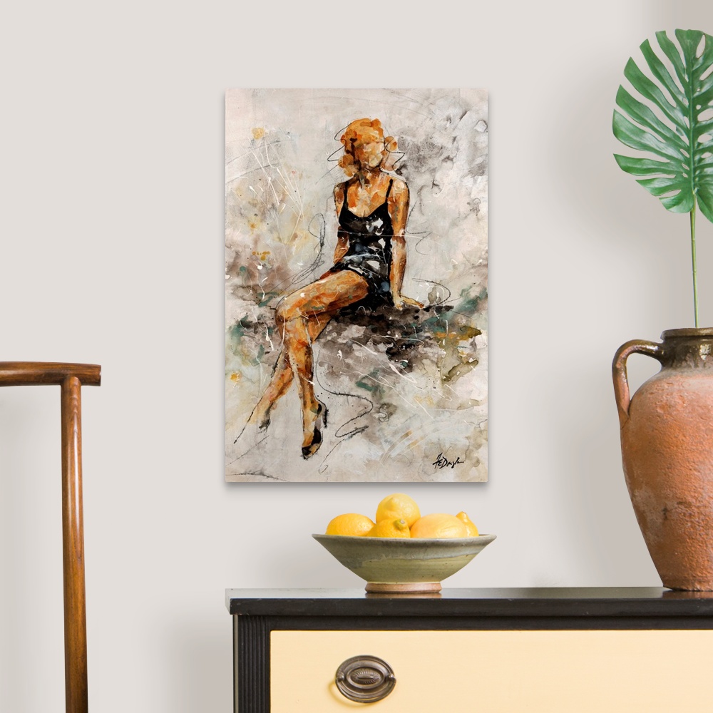 A traditional room featuring Contemporary painting of a glamorous woman in a little black dress and heels, ready for a night out.