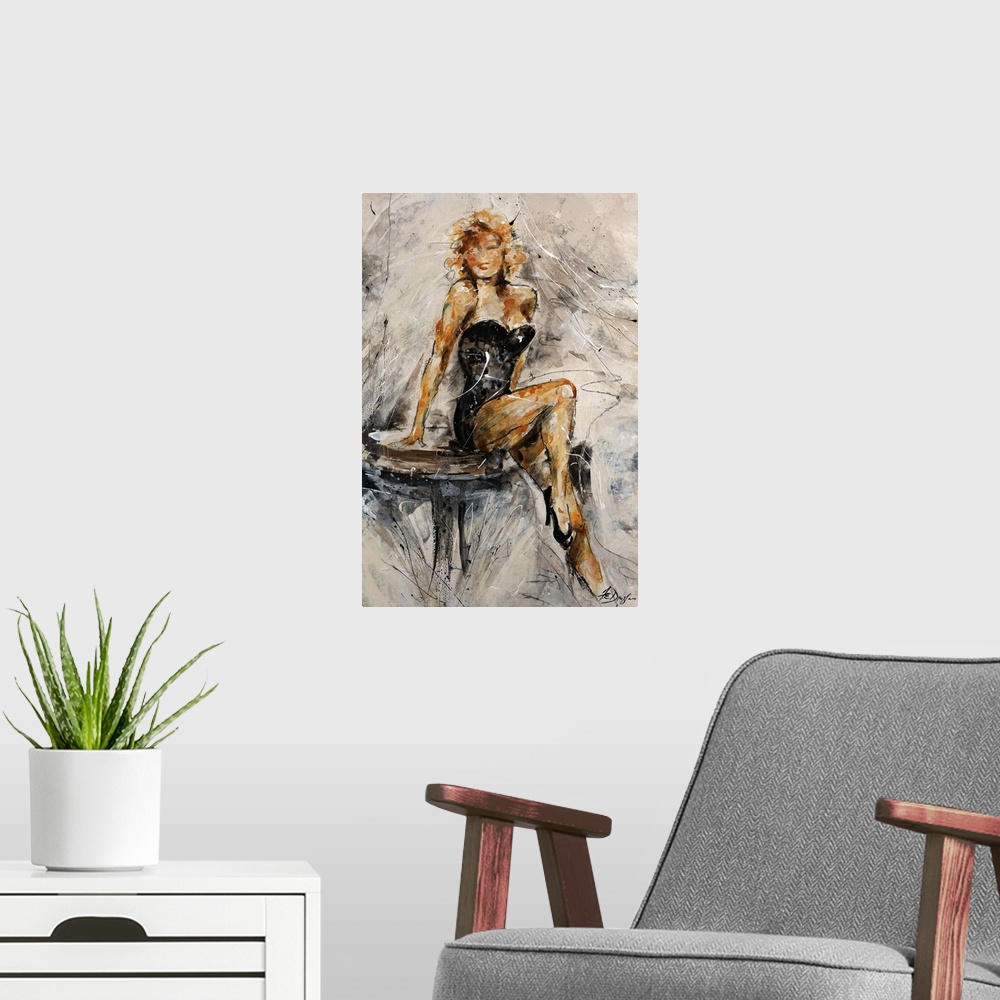 A modern room featuring An abstract take on the pin up girl, sporadic streaks of paint illustrate a blonde woman in a cor...