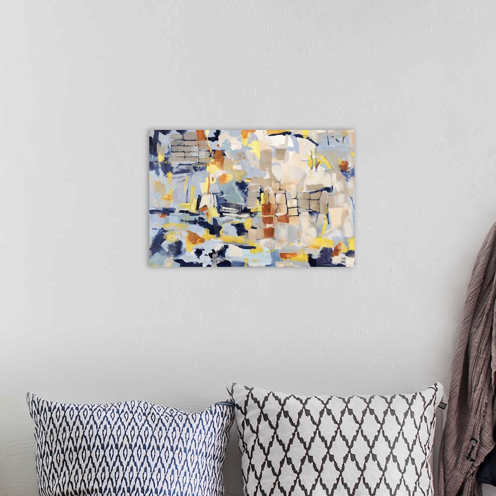 A bohemian room featuring Contemporary abstract painting using using a grid of multi-colored shapes.