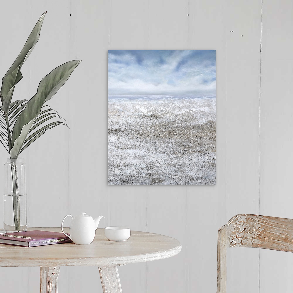 A farmhouse room featuring Contemporary seascape painting of a sandy beach and the ocean.