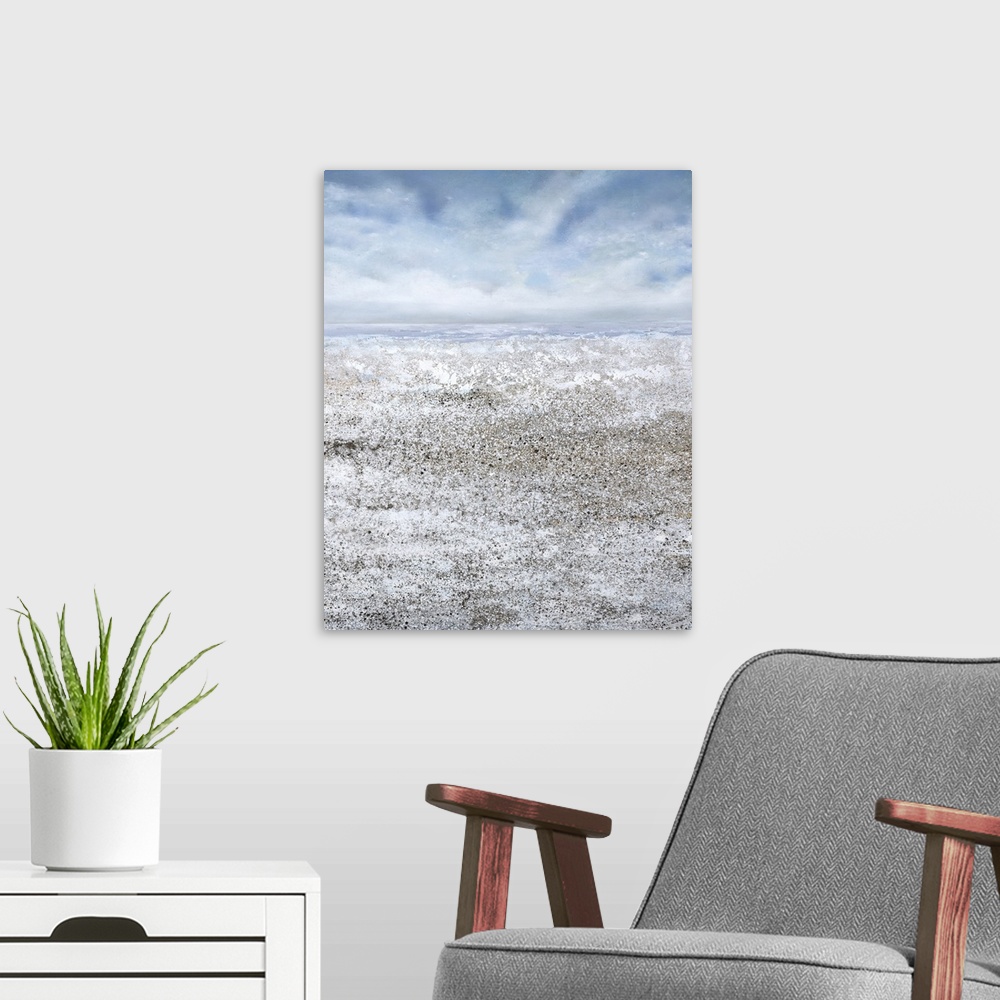 A modern room featuring Contemporary seascape painting of a sandy beach and the ocean.