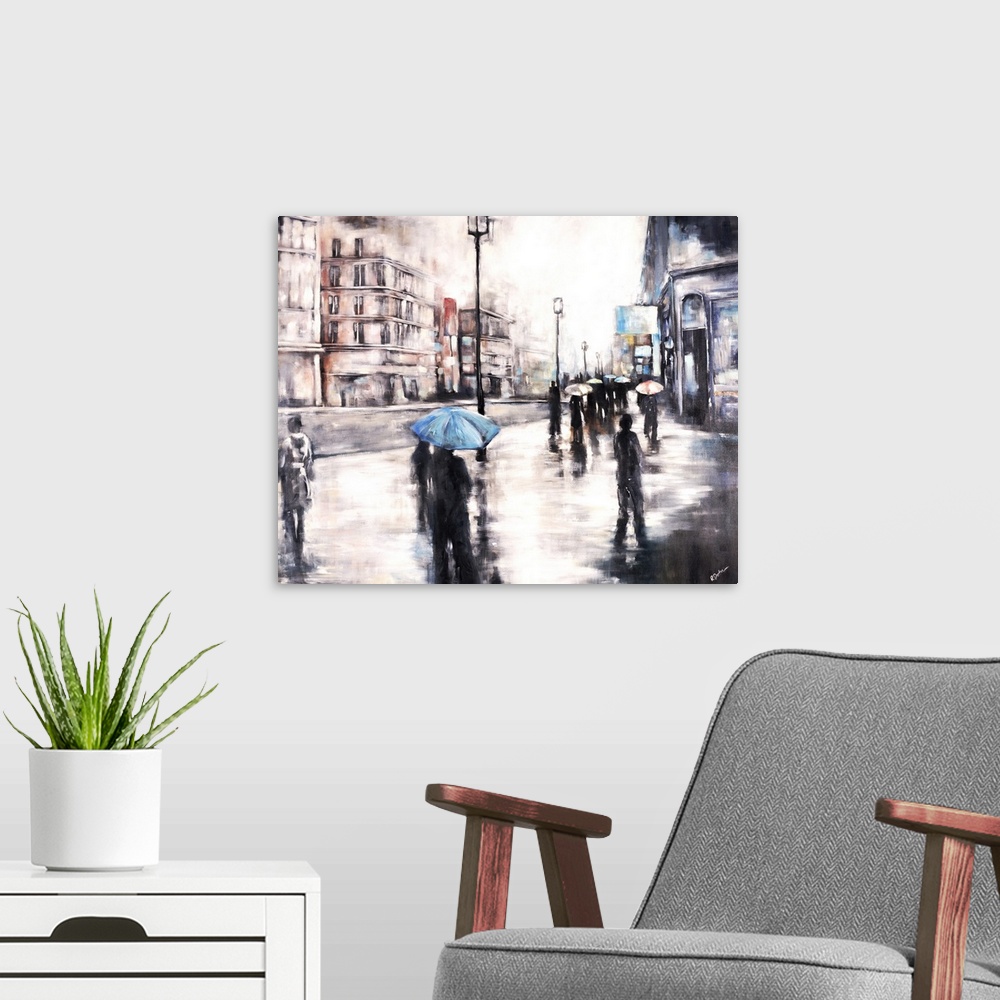 A modern room featuring Contemporary painting of a rainy cityscape with people holding umbrellas as they walk through the...