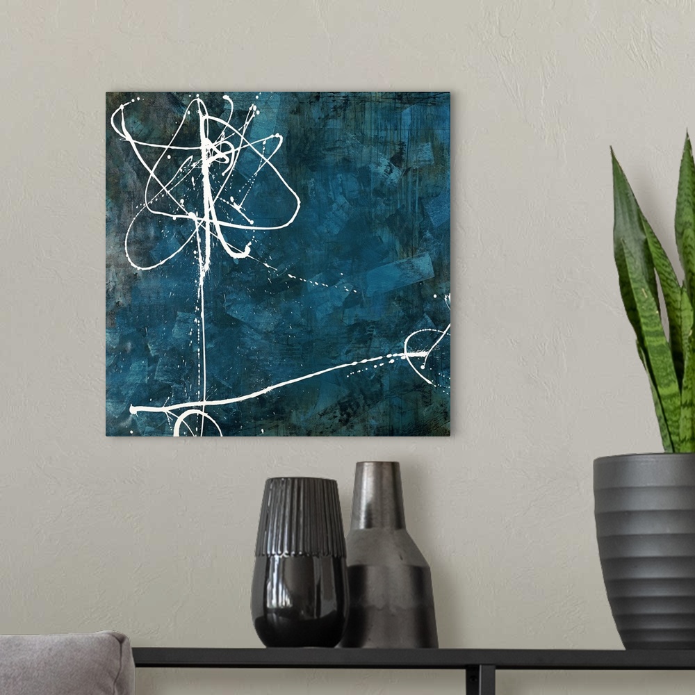 A modern room featuring Contemporary abstract painting using thin white flowing lines against a dark blue background.