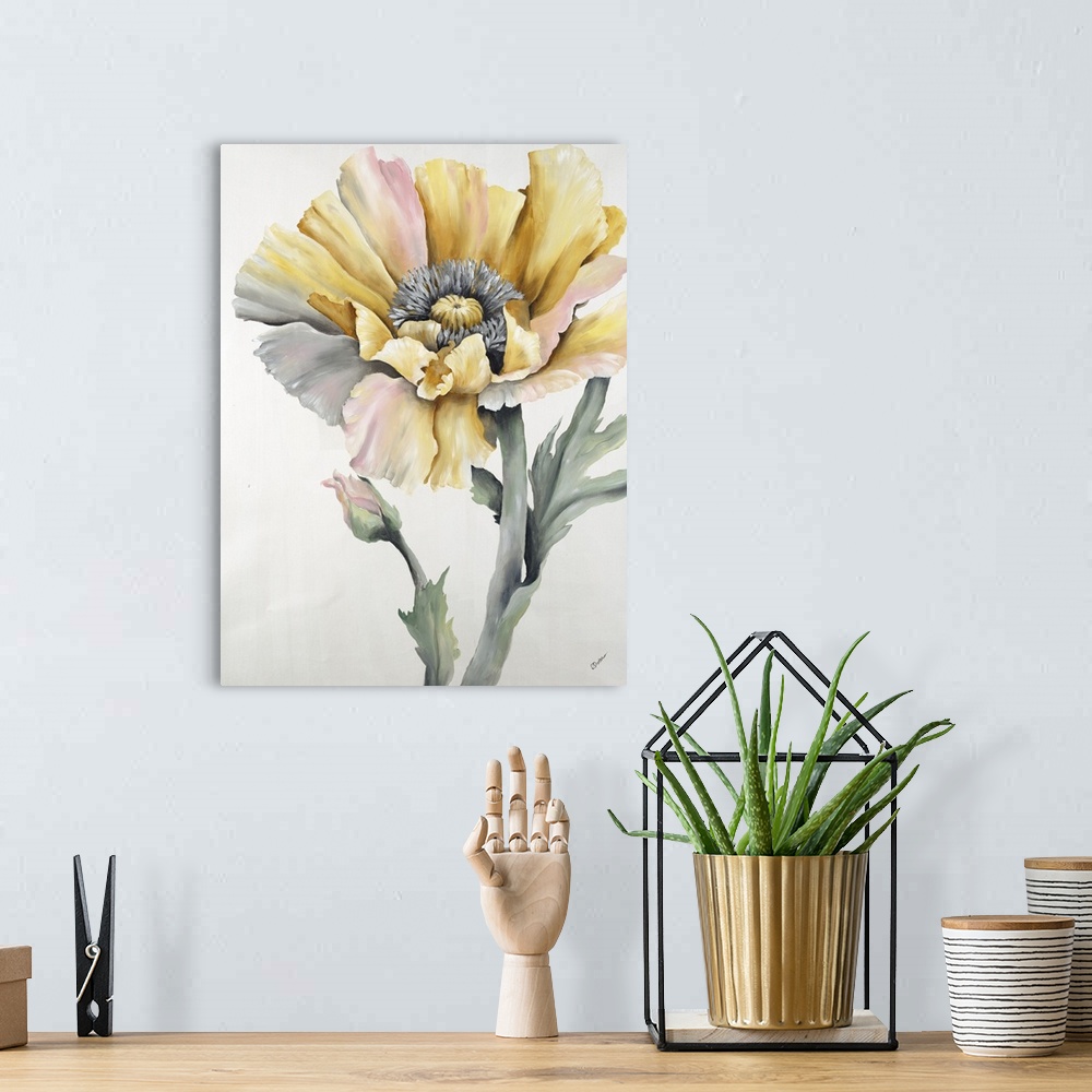 A bohemian room featuring Contemporary painting of a muted yellow and pink flower.