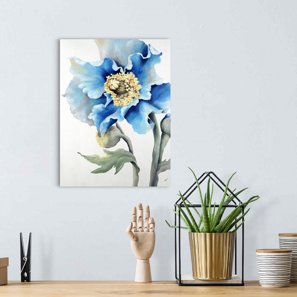 A bohemian room featuring Contemporary painting of a muted flower with some bright blue petals.