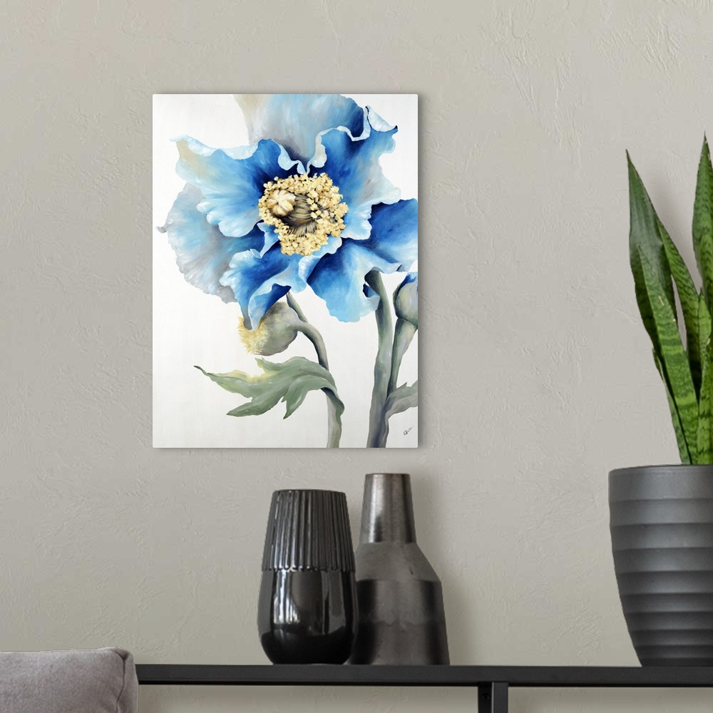A modern room featuring Contemporary painting of a muted flower with some bright blue petals.
