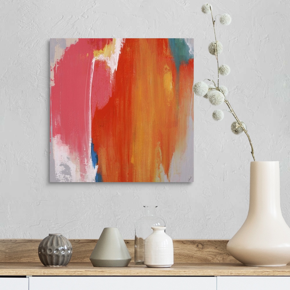 A farmhouse room featuring Abstract painting using a spectrum of bright colors looking like cascading water.