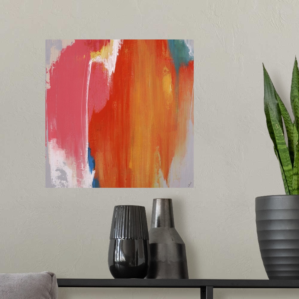 A modern room featuring Abstract painting using a spectrum of bright colors looking like cascading water.