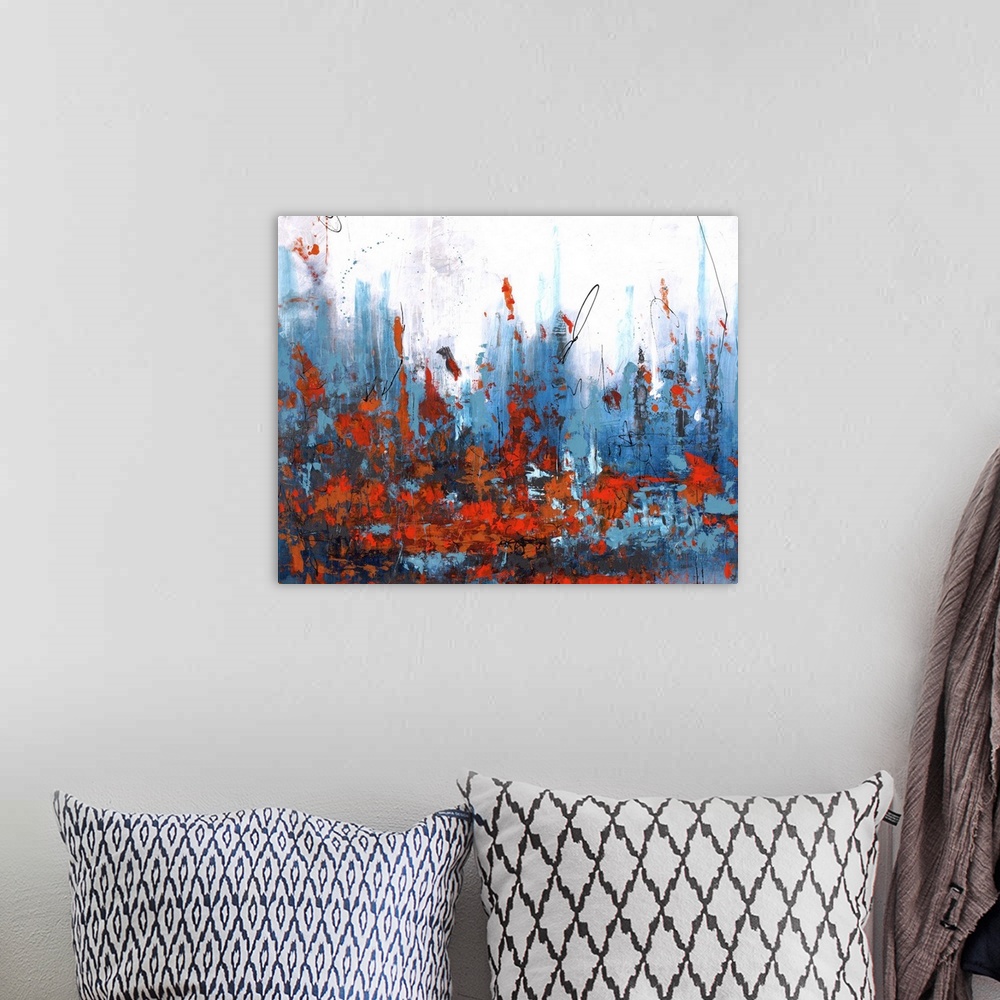 A bohemian room featuring Abstract painting using deep red near the bottom of the image, with tones of blue and white in th...