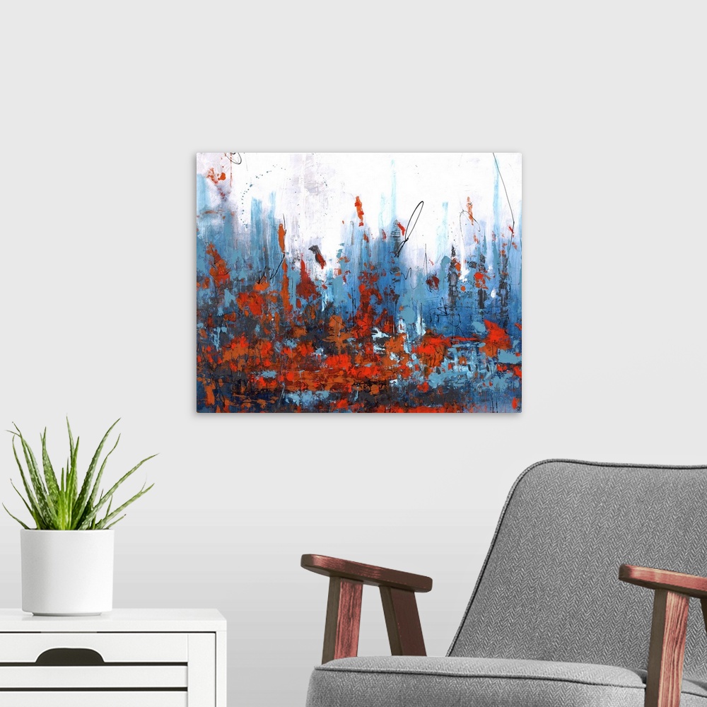 A modern room featuring Abstract painting using deep red near the bottom of the image, with tones of blue and white in th...