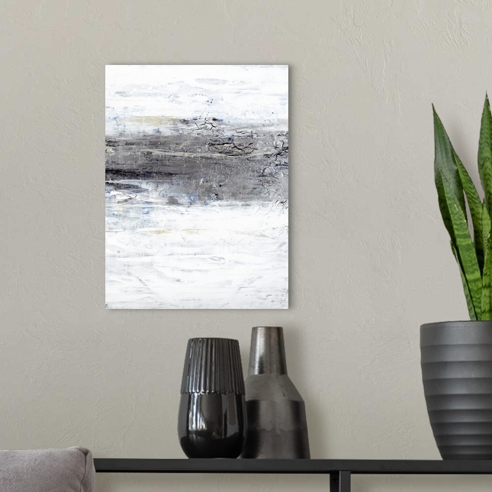 A modern room featuring Abstract painting of textured brush strokes with a silver horizontal line in the center.