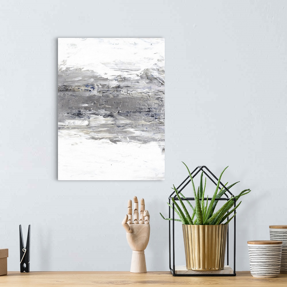A bohemian room featuring Abstract painting of textured brush strokes with a silver horizontal line in the center.