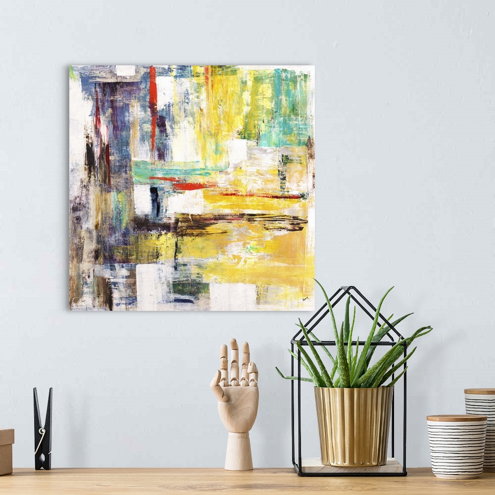 A bohemian room featuring Contemporary abstract painting using vibrant yellow and green tones mixed with earth tones agains...