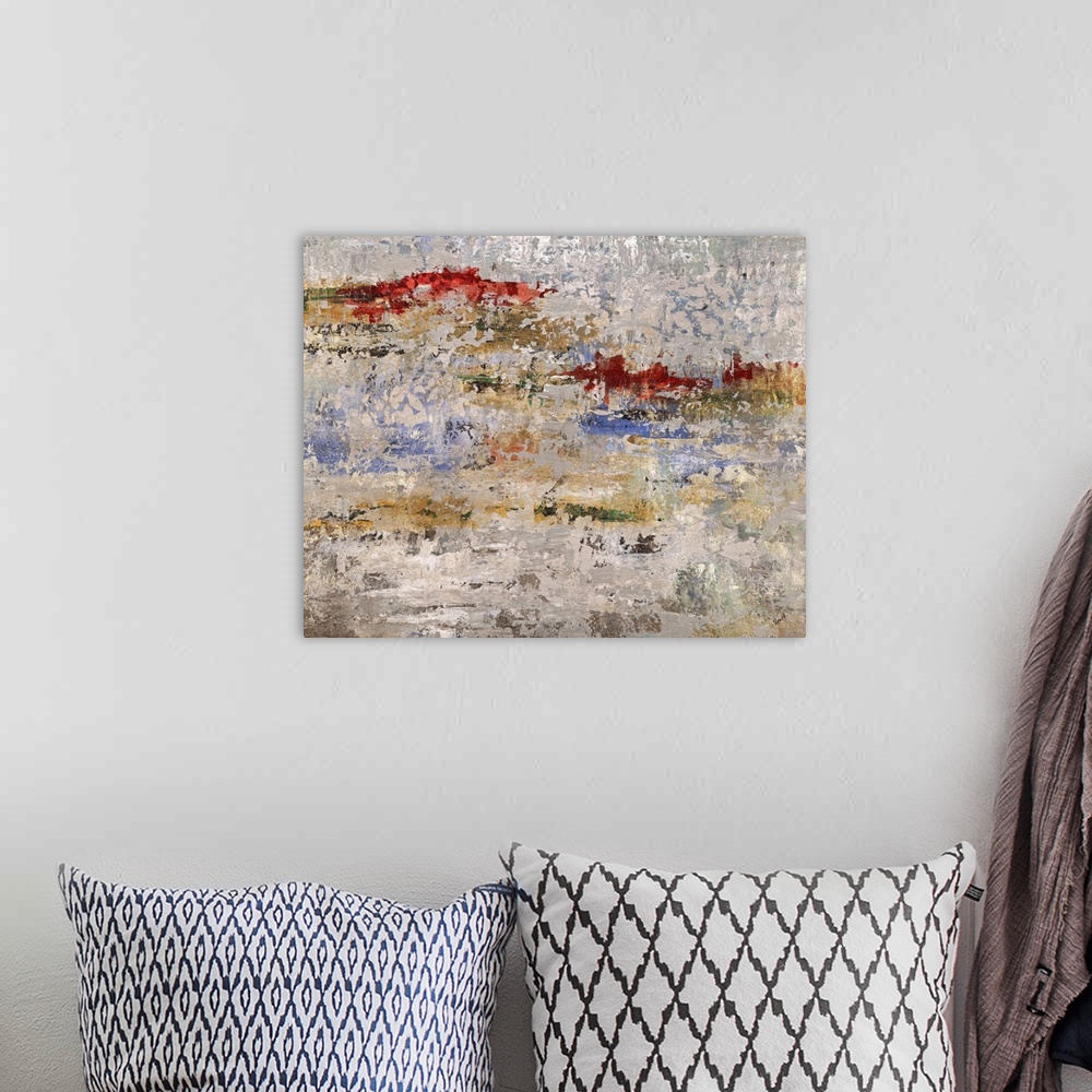 A bohemian room featuring Contemporary abstract painting using neutral tones mixed with earthy tones.