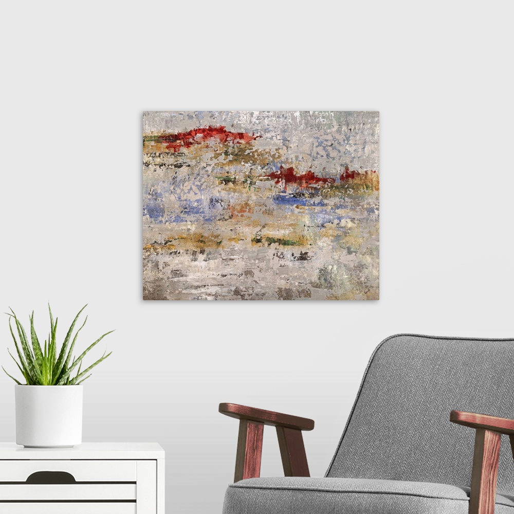A modern room featuring Contemporary abstract painting using neutral tones mixed with earthy tones.