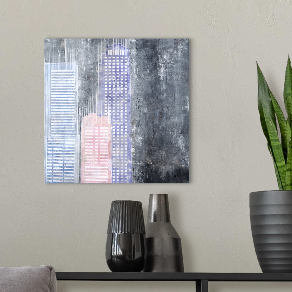A modern room featuring Square abstract with pastel colored buildings on a black, gray, and white rugged background.