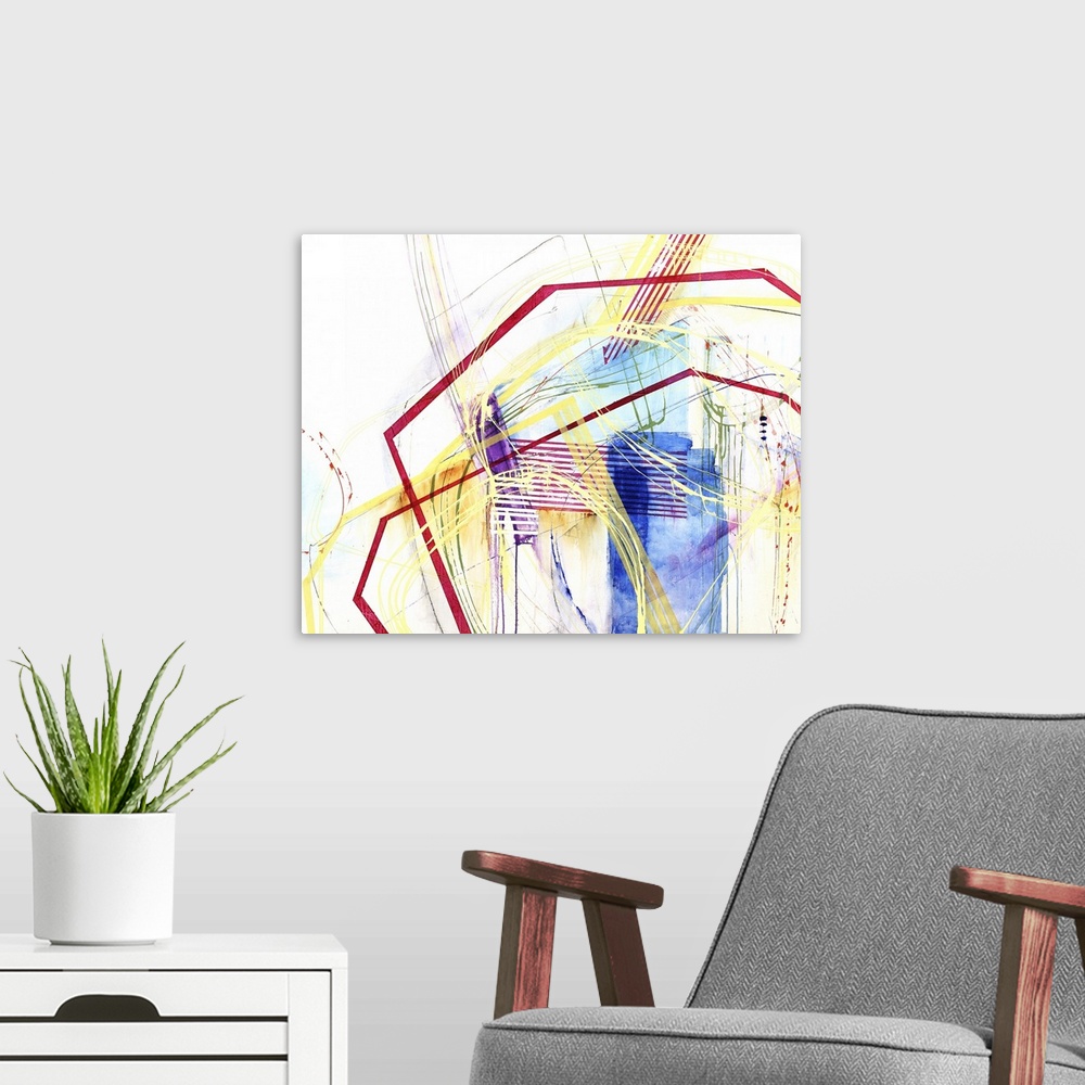 A modern room featuring Abstract painting with geometric shapes in red and yellow against colorful brush strokes.