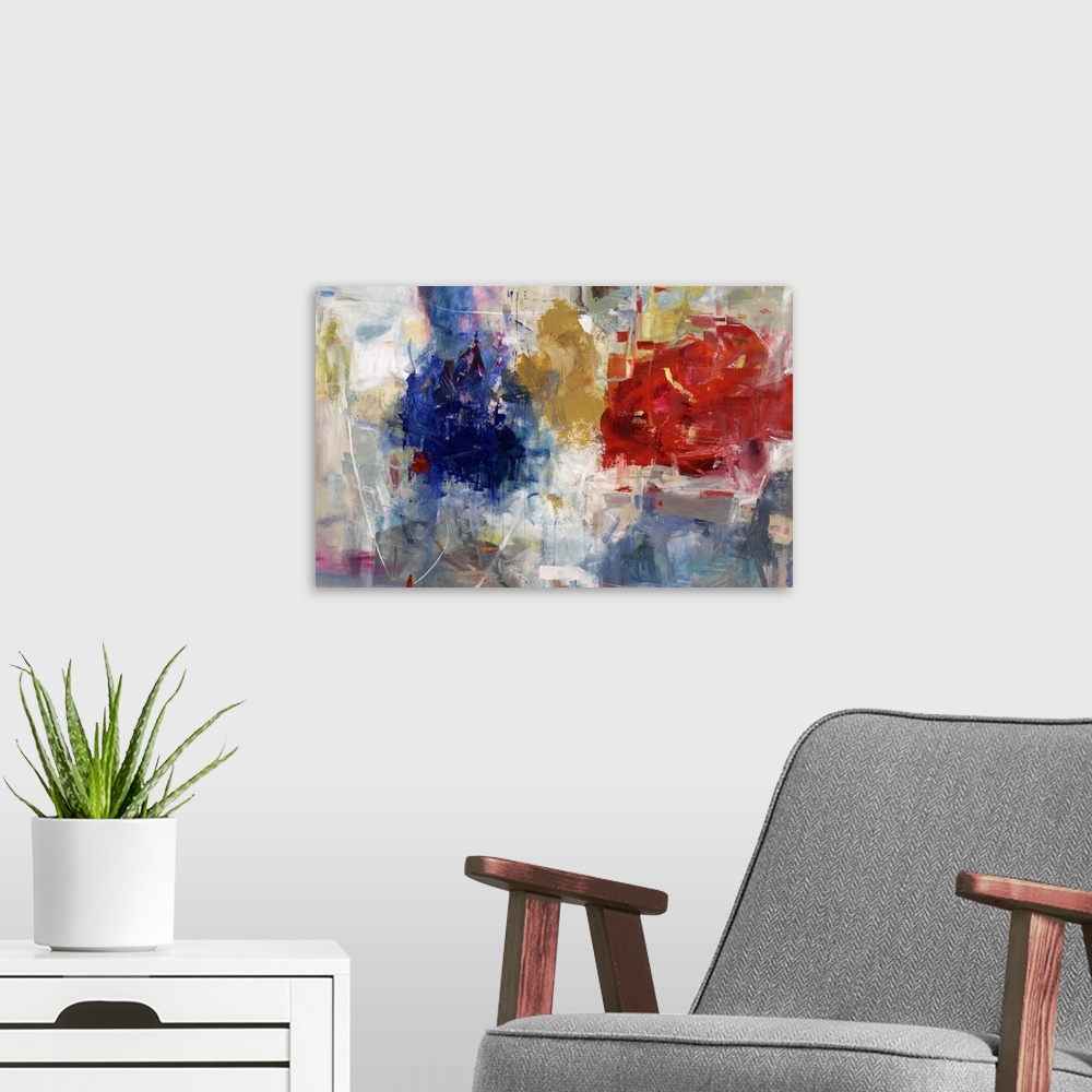 A modern room featuring Abstract painting of three vibrant blossoms of color overlapping a busy landscape of soft and sub...