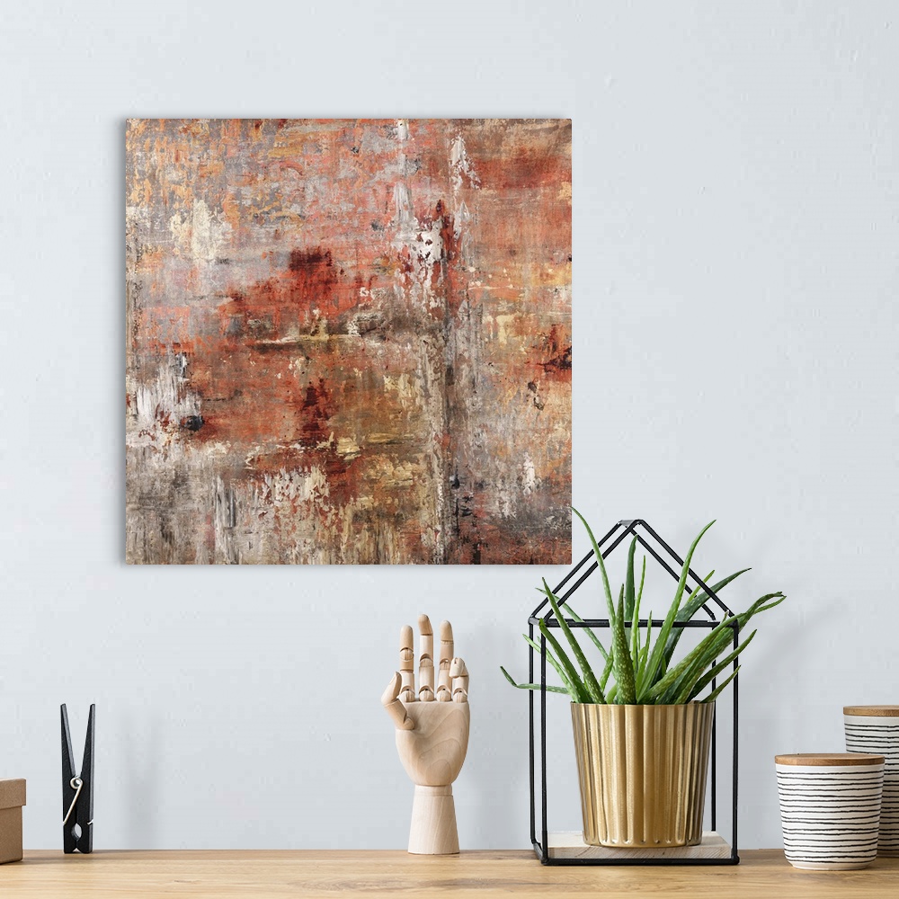 A bohemian room featuring Contemporary abstract painting in rusty red and brown tones.
