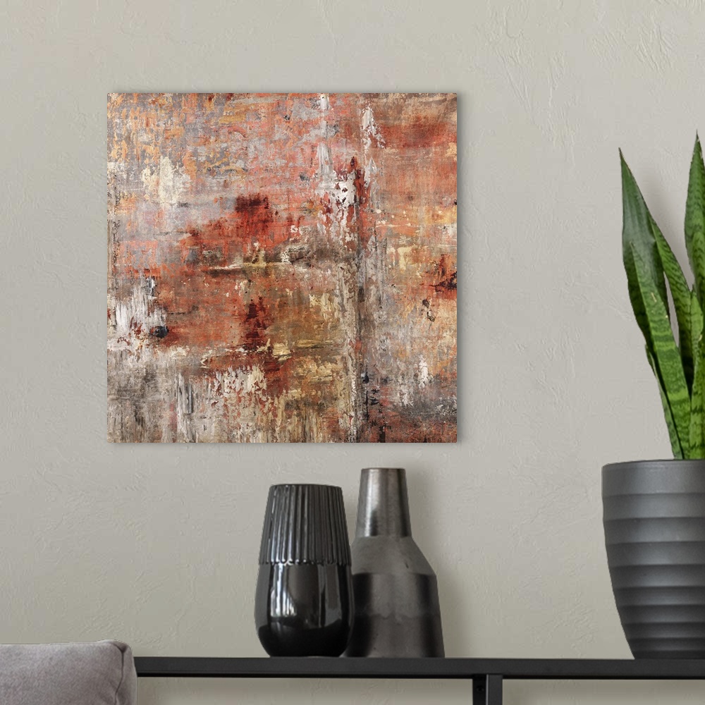 A modern room featuring Contemporary abstract painting in rusty red and brown tones.