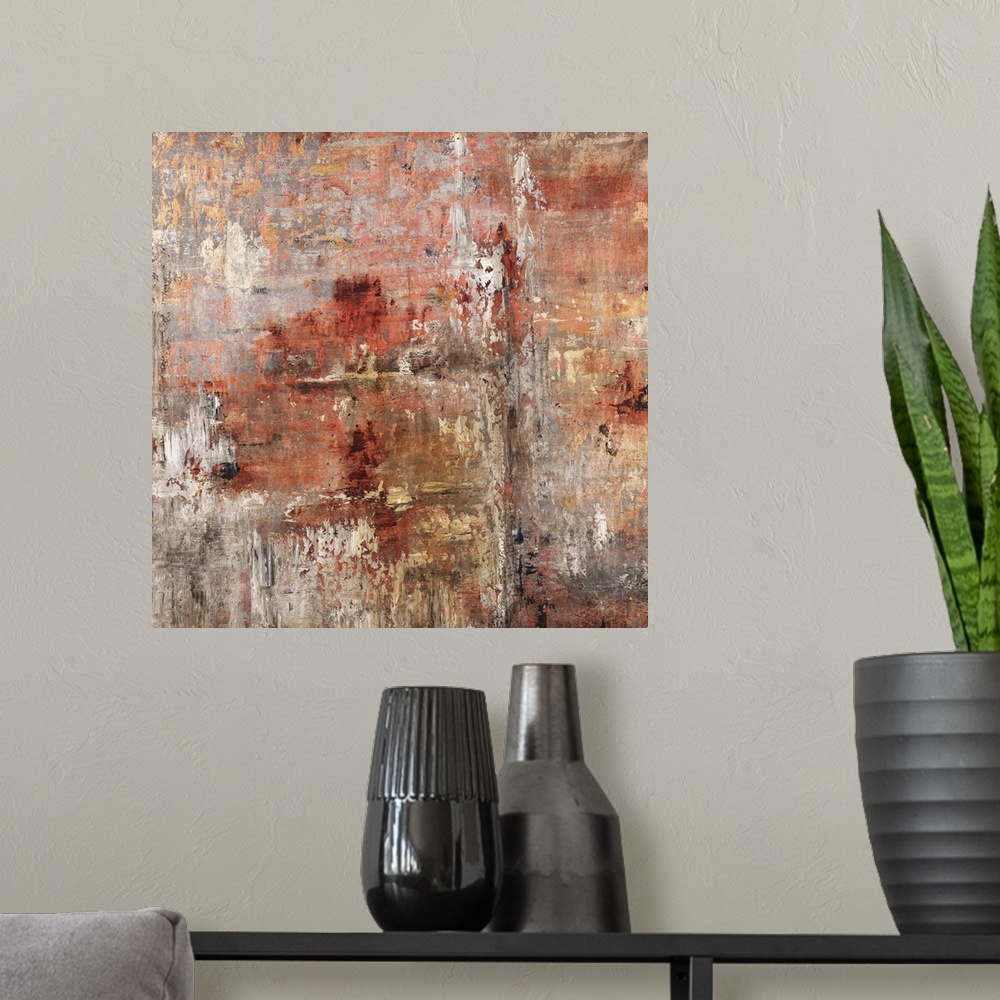 A modern room featuring Contemporary abstract painting in rusty red and brown tones.