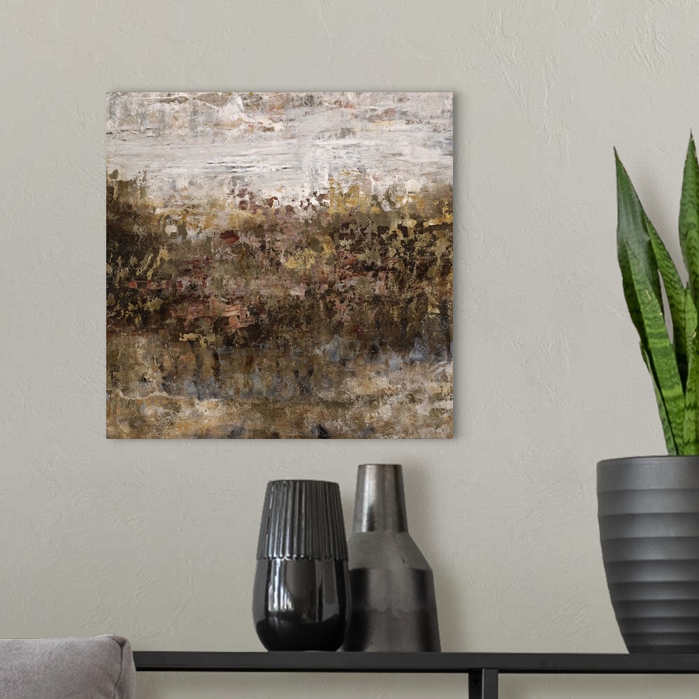 A modern room featuring Abstract painting of a grassy field in golden earth tones, beneath a bright cloudy sky.