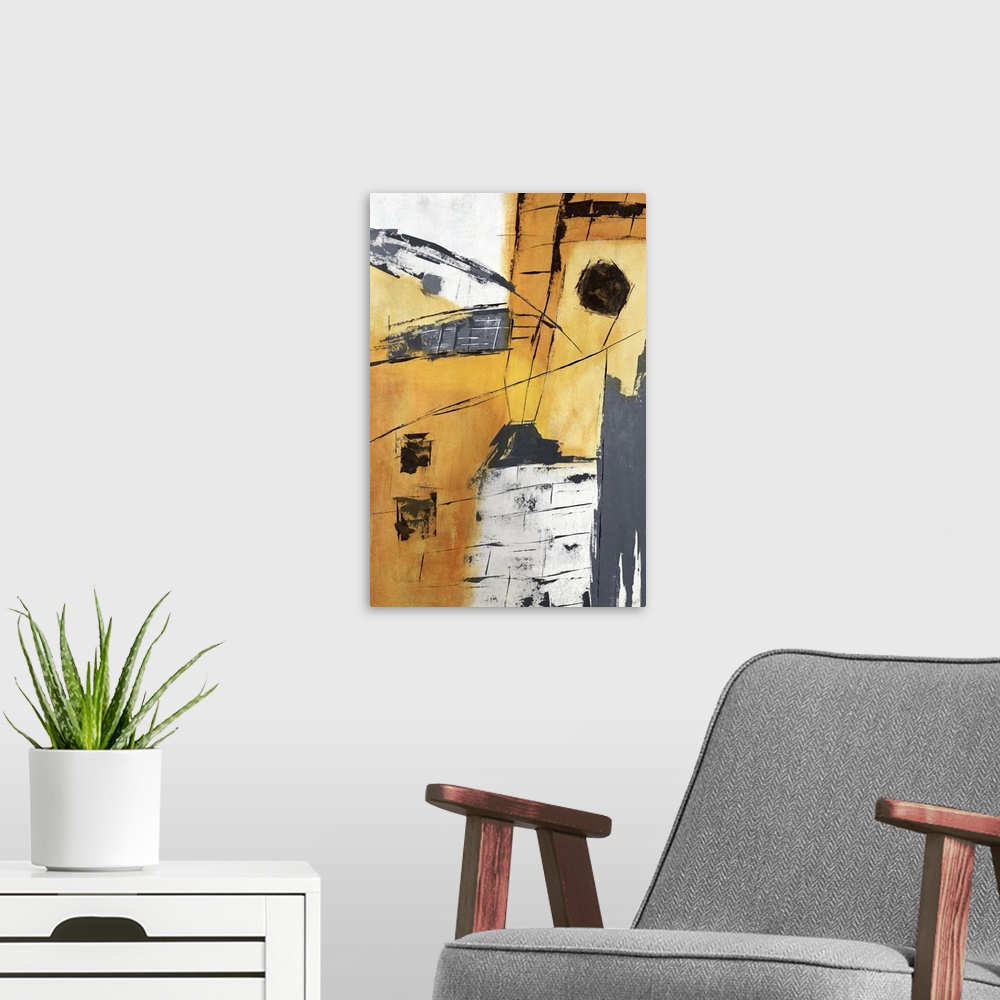 A modern room featuring Abstract painting in colors of yellow, gray and orange.