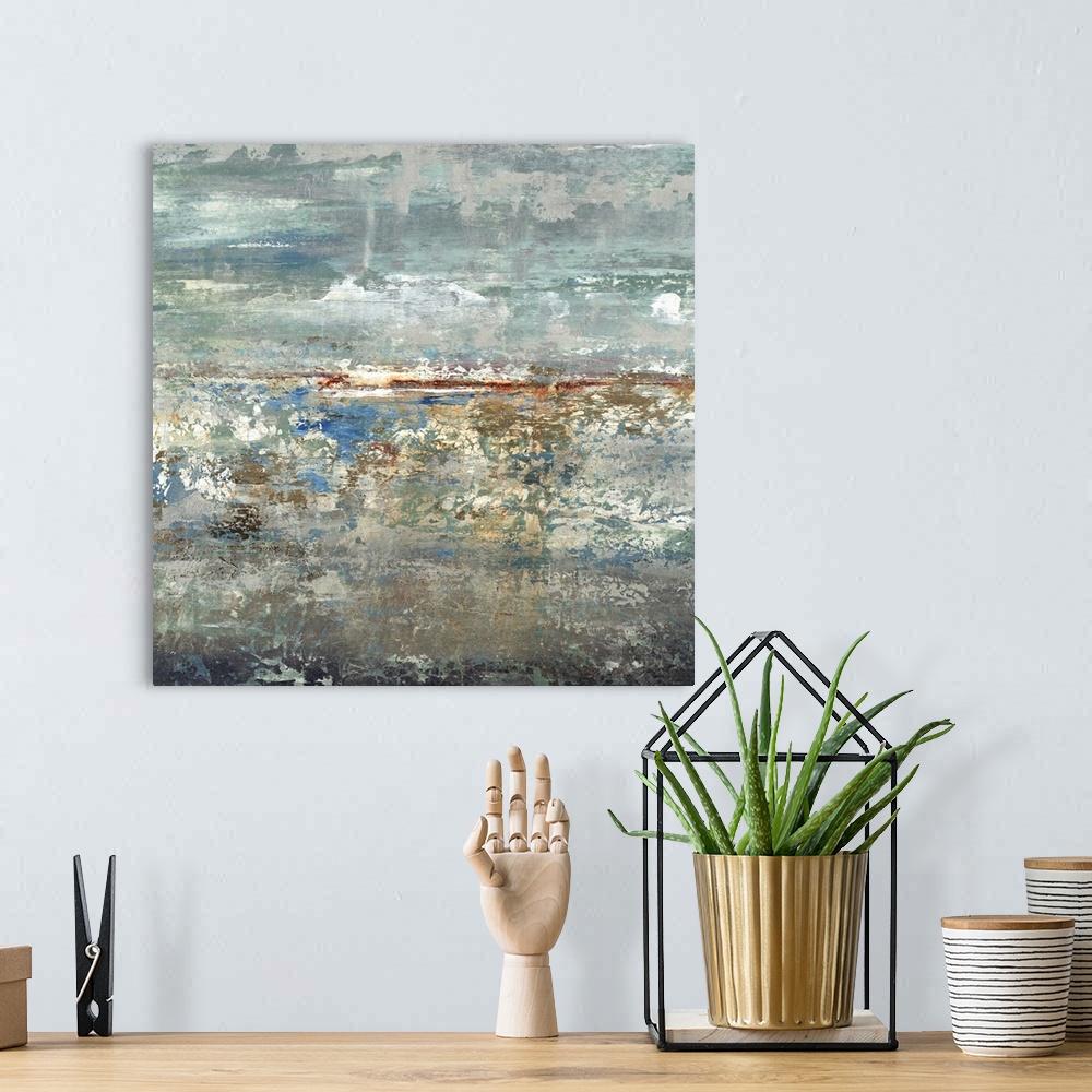 A bohemian room featuring Square abstract painting in blue, green. gray, white, red, gold and orange tones with rough textu...
