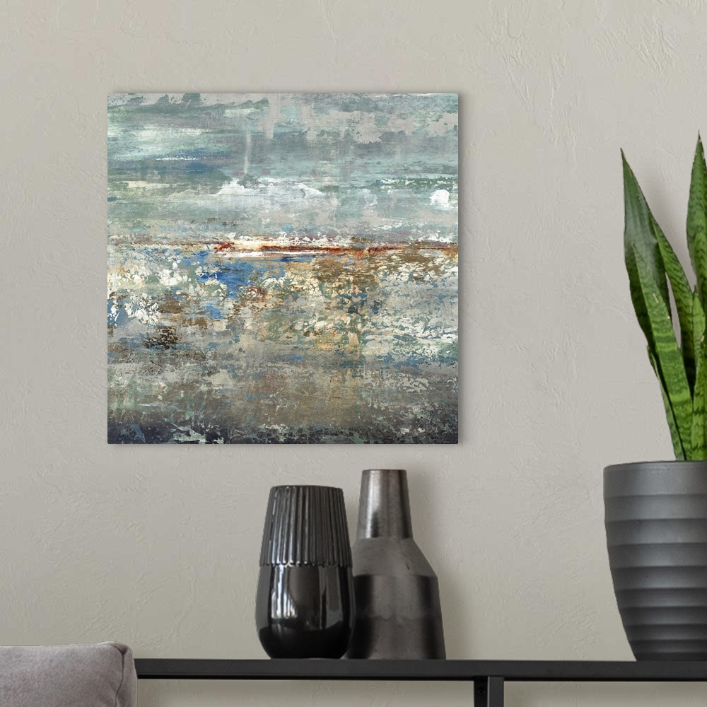 A modern room featuring Square abstract painting in blue, green. gray, white, red, gold and orange tones with rough textu...