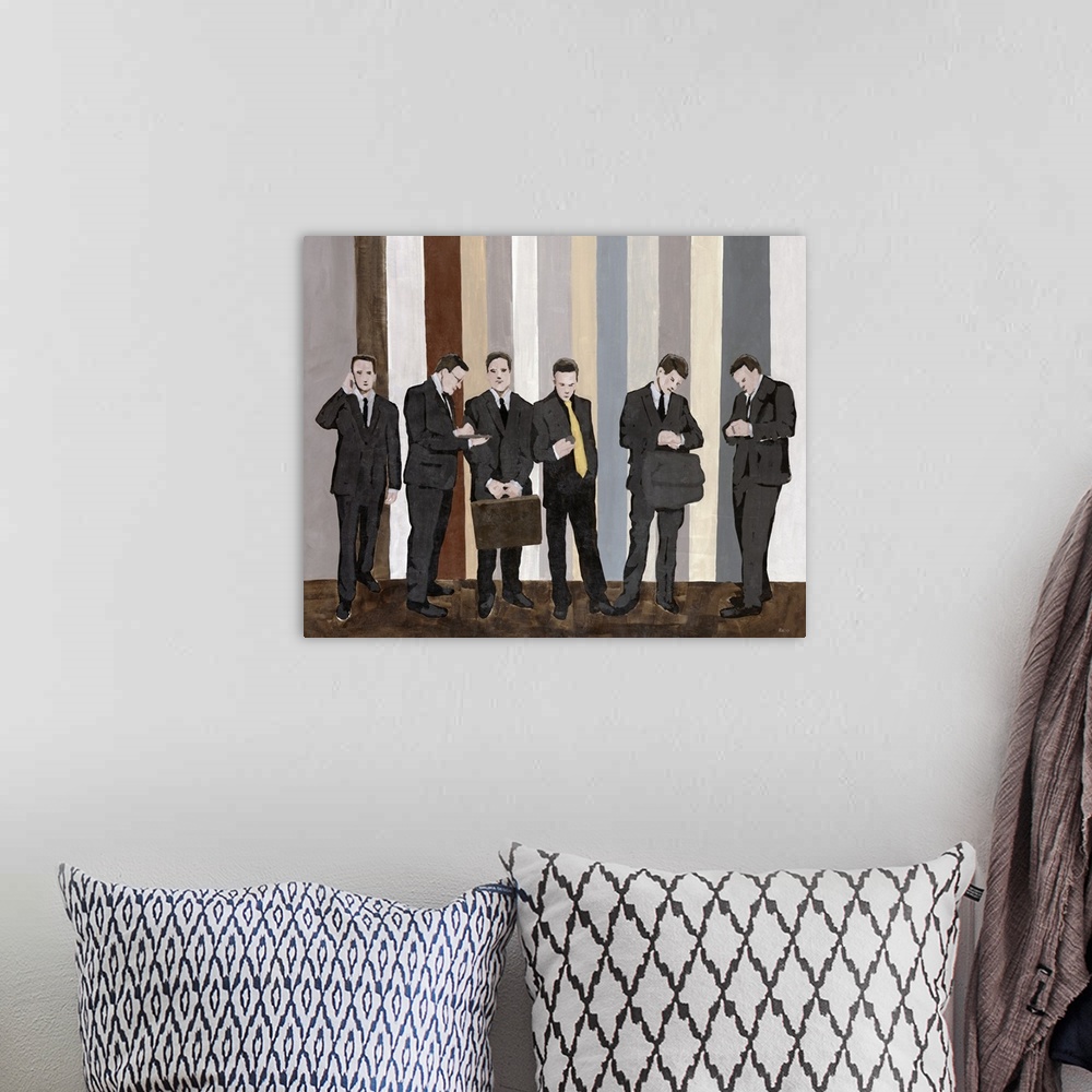 A bohemian room featuring Painting on canvas of six businessmen standing in a hall with vertical stripes in the background.