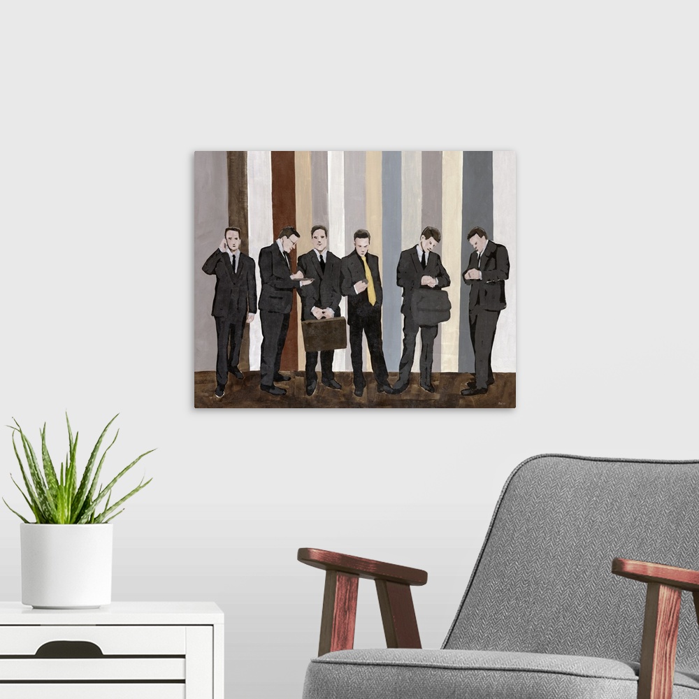 A modern room featuring Painting on canvas of six businessmen standing in a hall with vertical stripes in the background.