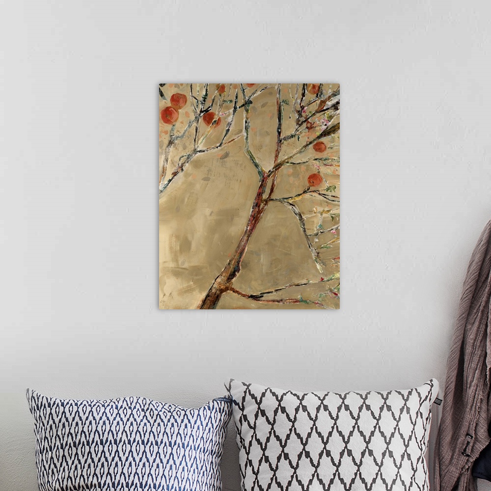 A bohemian room featuring Abstract painting on canvas of tree limbs with fruit growing on them.