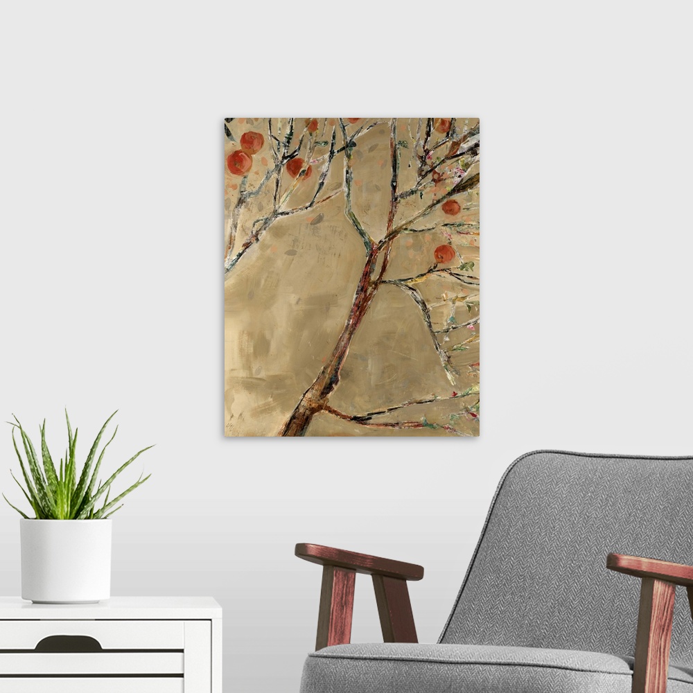 A modern room featuring Abstract painting on canvas of tree limbs with fruit growing on them.