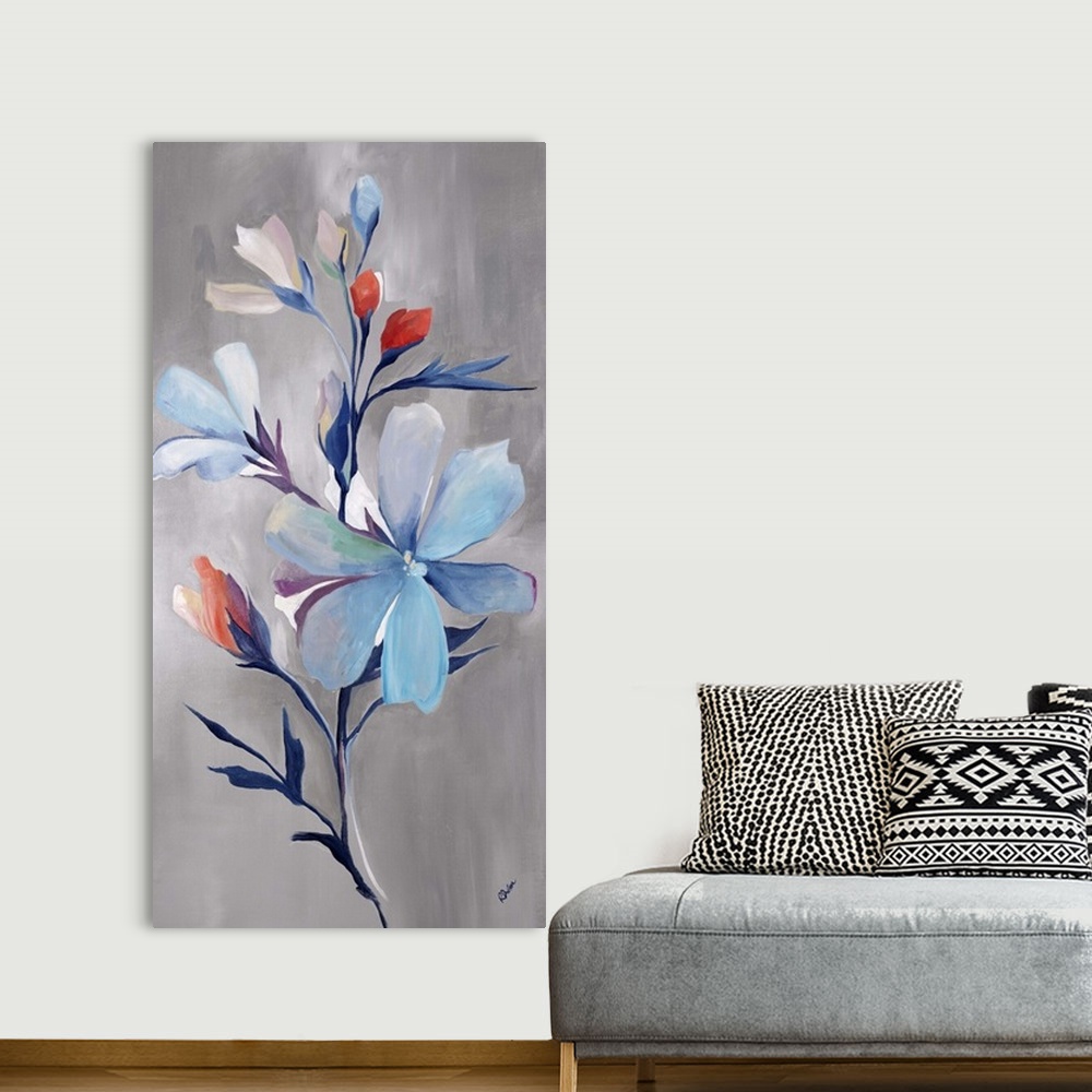 A bohemian room featuring Contemporary painting of a floral arrangement of blue flowers with accents of little red buds.