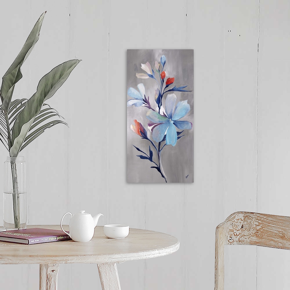 A farmhouse room featuring Contemporary painting of a floral arrangement of blue flowers with accents of little red buds.
