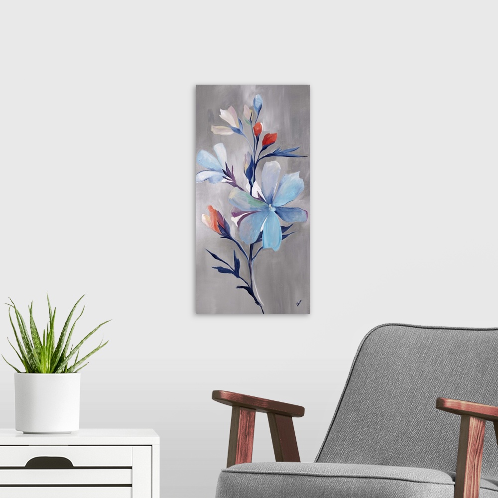A modern room featuring Contemporary painting of a floral arrangement of blue flowers with accents of little red buds.