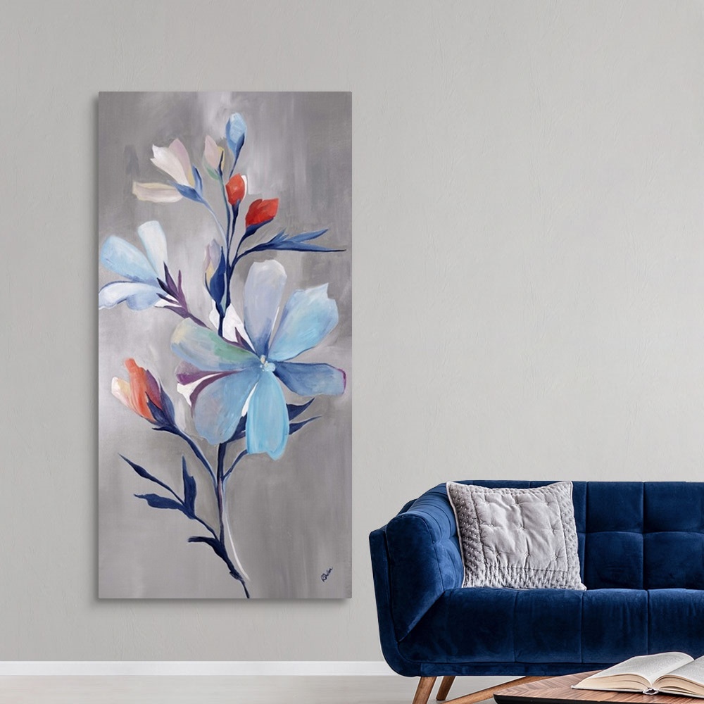 A modern room featuring Contemporary painting of a floral arrangement of blue flowers with accents of little red buds.
